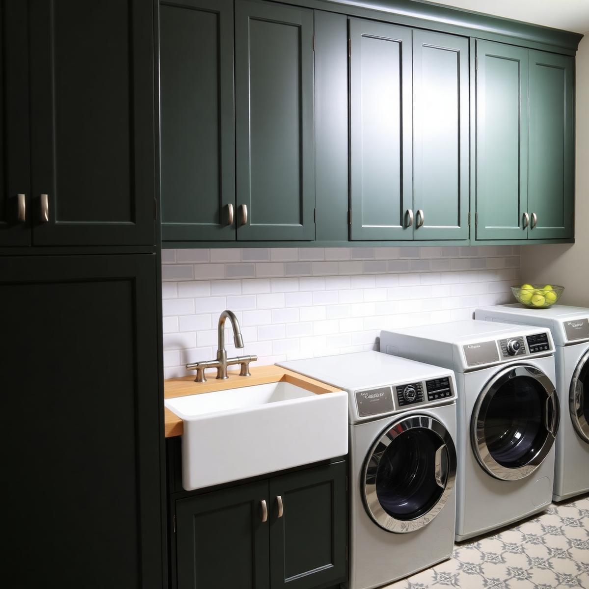 Dark green laundry cabinets
